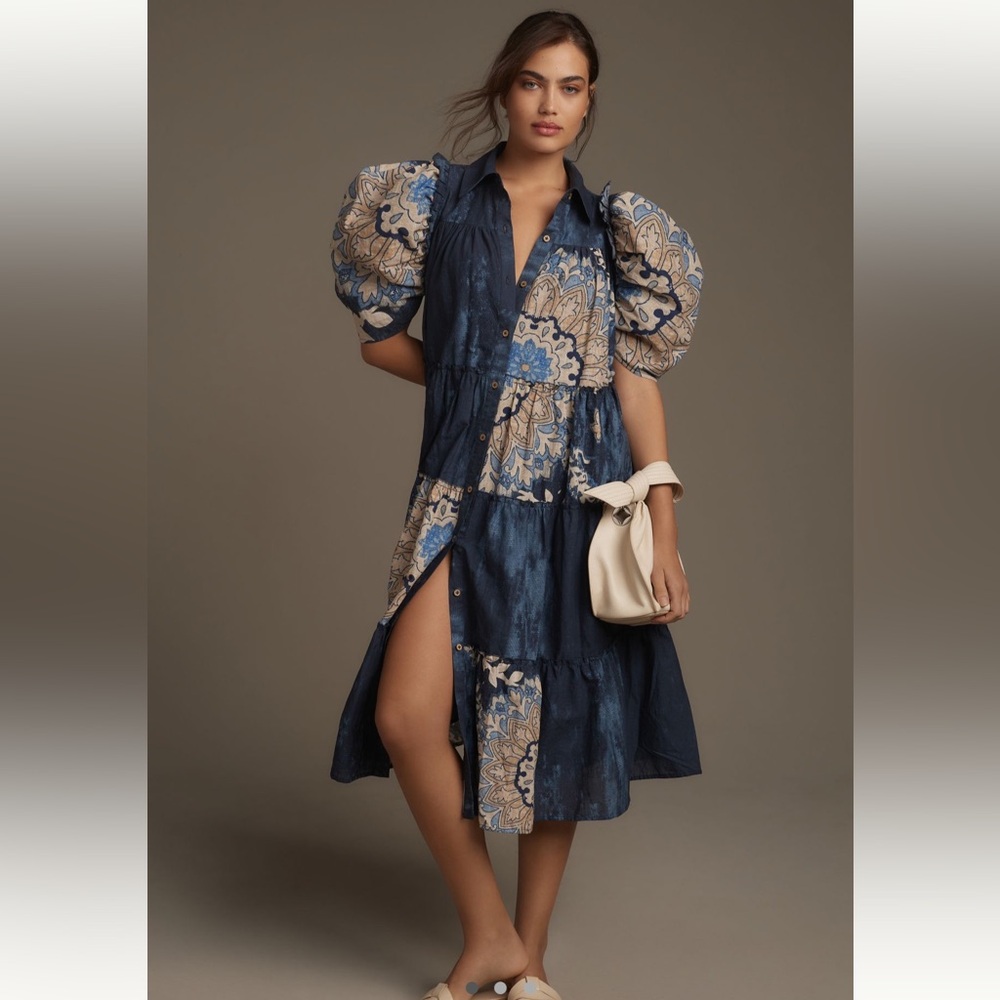 Anthropologie Let Me Be Puff-Sleeve Patchwork Shirt Dress